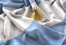 argentina flag ruffled beautifully waving macro close up shot