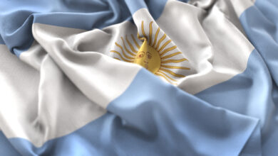 argentina flag ruffled beautifully waving macro close up shot