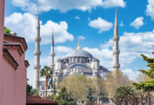 landscape of the turkish flag and the blue mosque far away