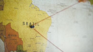 closeup shot of a black pin on the brazil country on the map