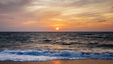 sunset beach and sea wave