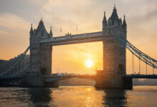 view of famous tower bridge at sunrise london